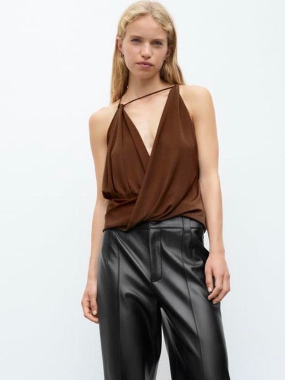 Zara Brown Draped V-Neck Halter Top